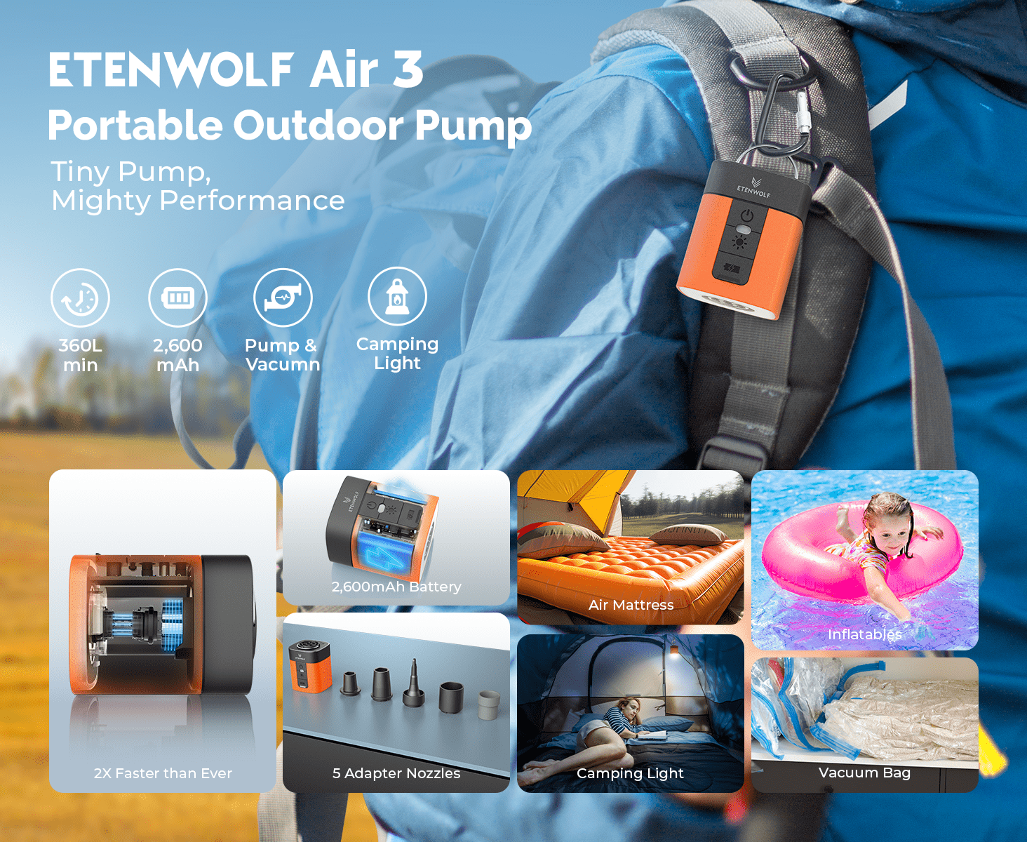 ETENWOLF AIR 3 Electric Air Pump for Inflatables (2600mAh Battery)