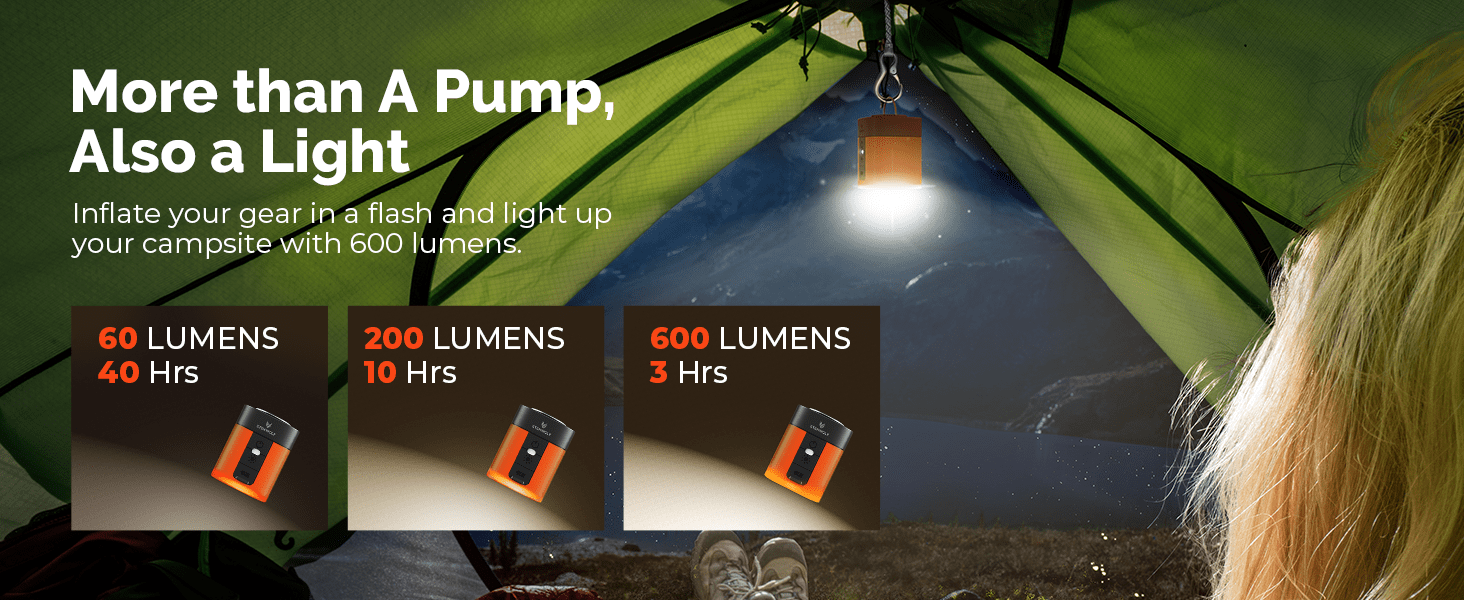 The Air 3 camping air pump also has a camping lamp,  making it a versatile tool for outdoor adventures.