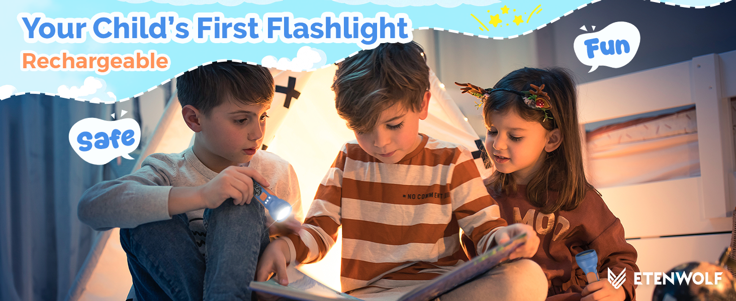 children reading a book together with a flashlight ETENWOLF L1 Mini Rechargeable Flashlight (with Fun Stickers)