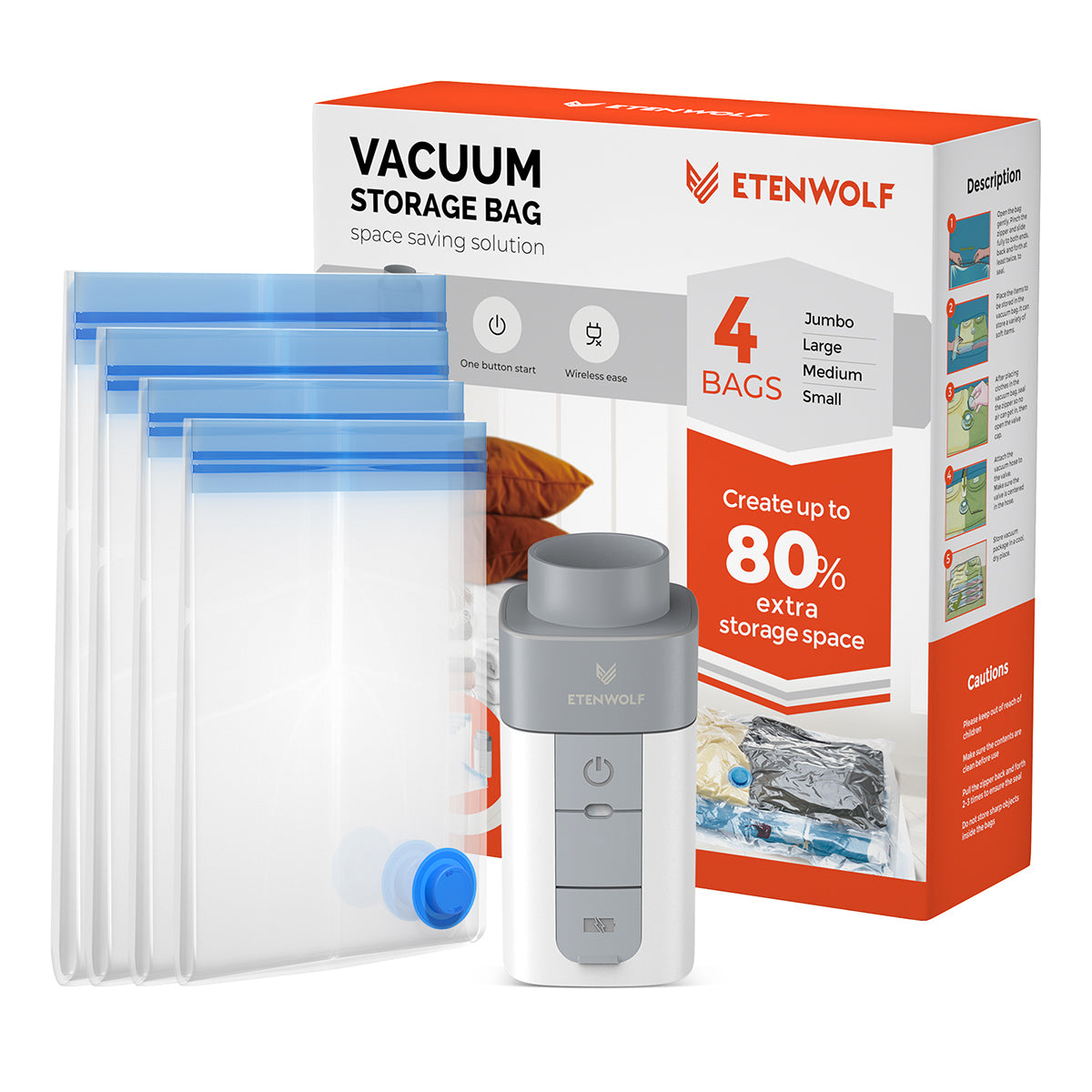 ETENWOLF Vacuum Storage Bags with Rechargeable Wireless Pump (1500mAh)