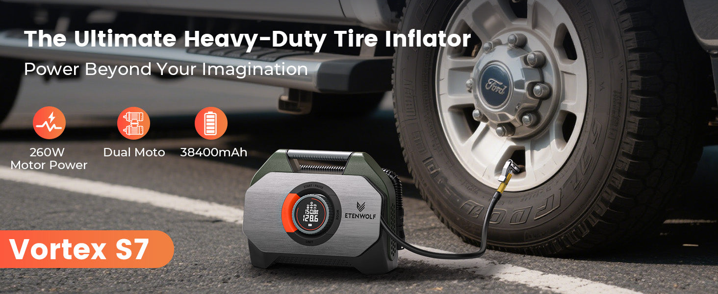 ETENWOLF Vortex S7 Heavy Duty Tire Inflator Air Compressor (38,400 mAh Battery)