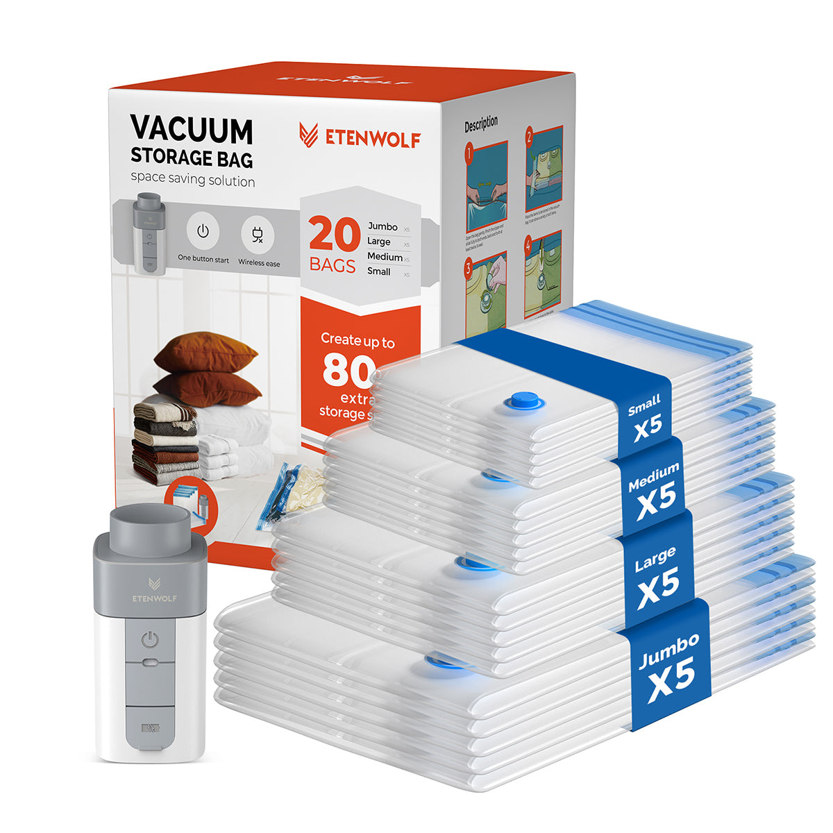 ETENWOLF Vacuum Storage Bags with Rechargeable Wireless Pump