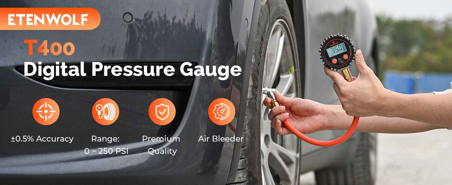 ETENWOLF T400 Digital Pressure Gauge (±0.5% Accuracy, 0 ~ 250 PSI, Premium Quality, Air Bleeder)