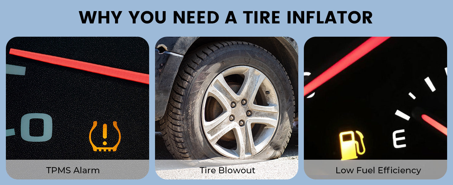 WHY YOU NEED A TIRE INFLATOR, TPMS Alarm, Tire Blowout, Low Fuel Efficiency.