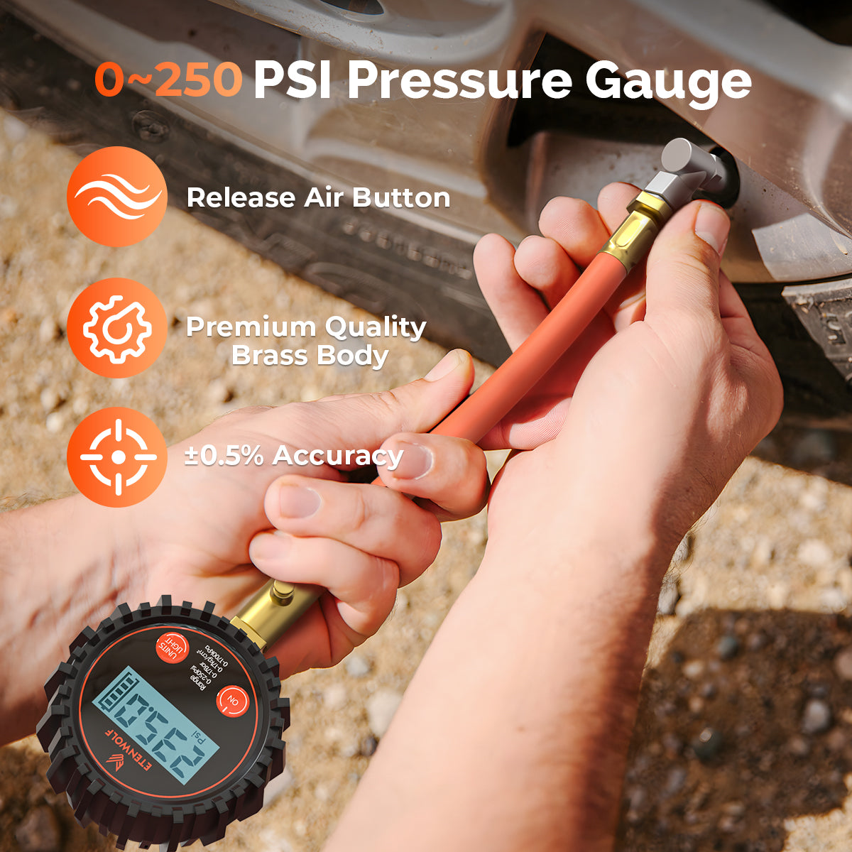 0~250 PSI Pressure Gauge, Release Air Button, Premium Quality Brass Body, ±0.5% Accuracy.