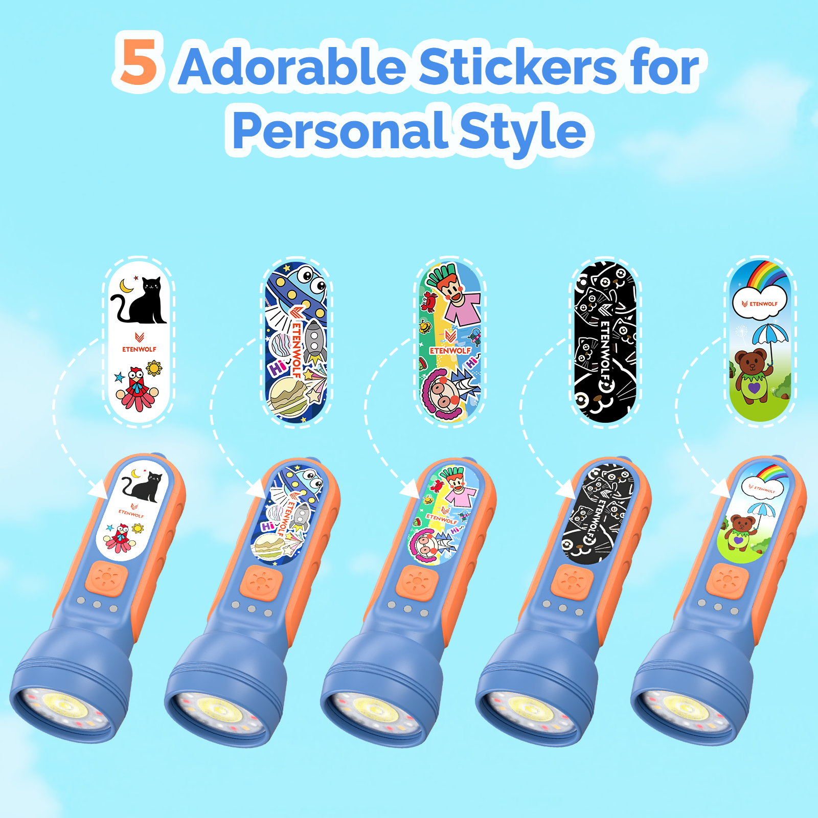 adorable stickers ETENWOLF L1 Mini Rechargeable Flashlight (with Fun Stickers)