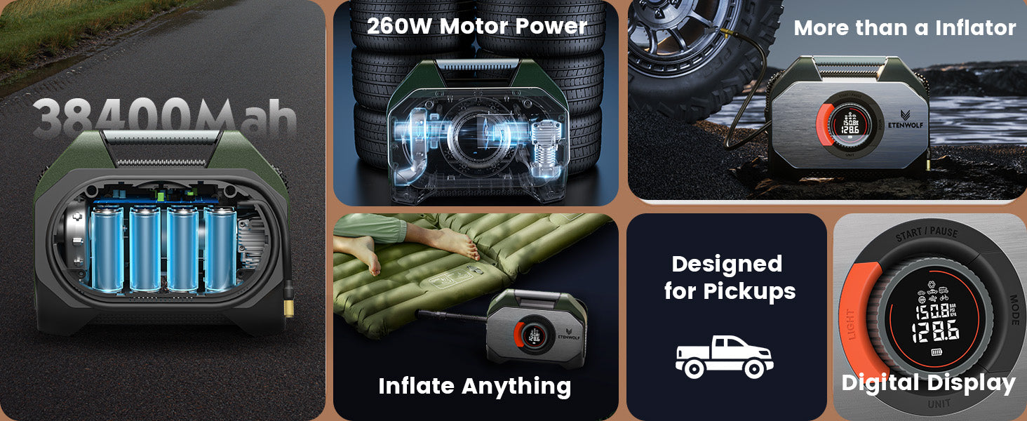 ETENWOLF Vortex S7 Heavy Duty Tire Inflator Air Compressor (38,400 mAh Battery)