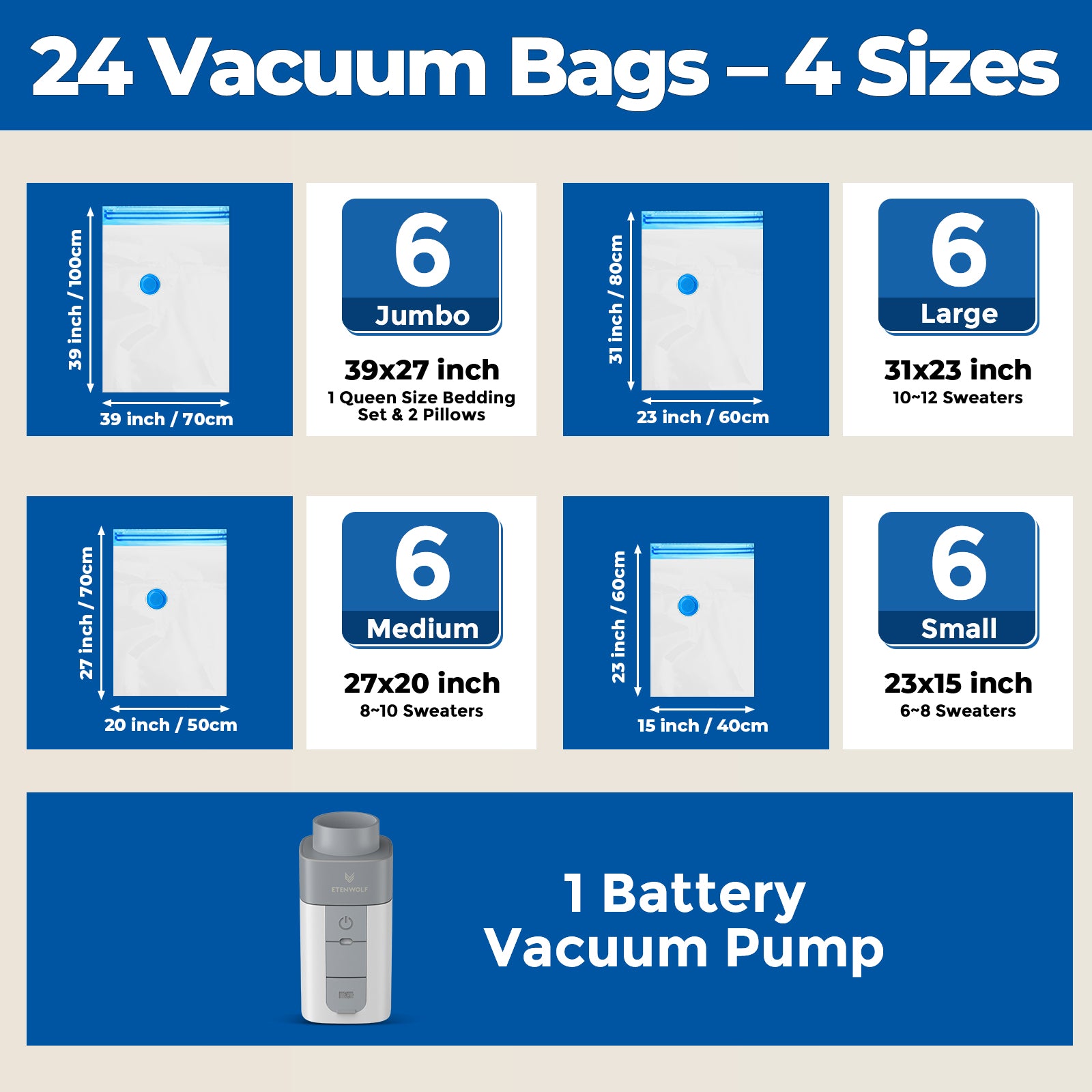 ETENWOLF Vacuum Storage Bags with Rechargeable Wireless Pump (1500mAh)