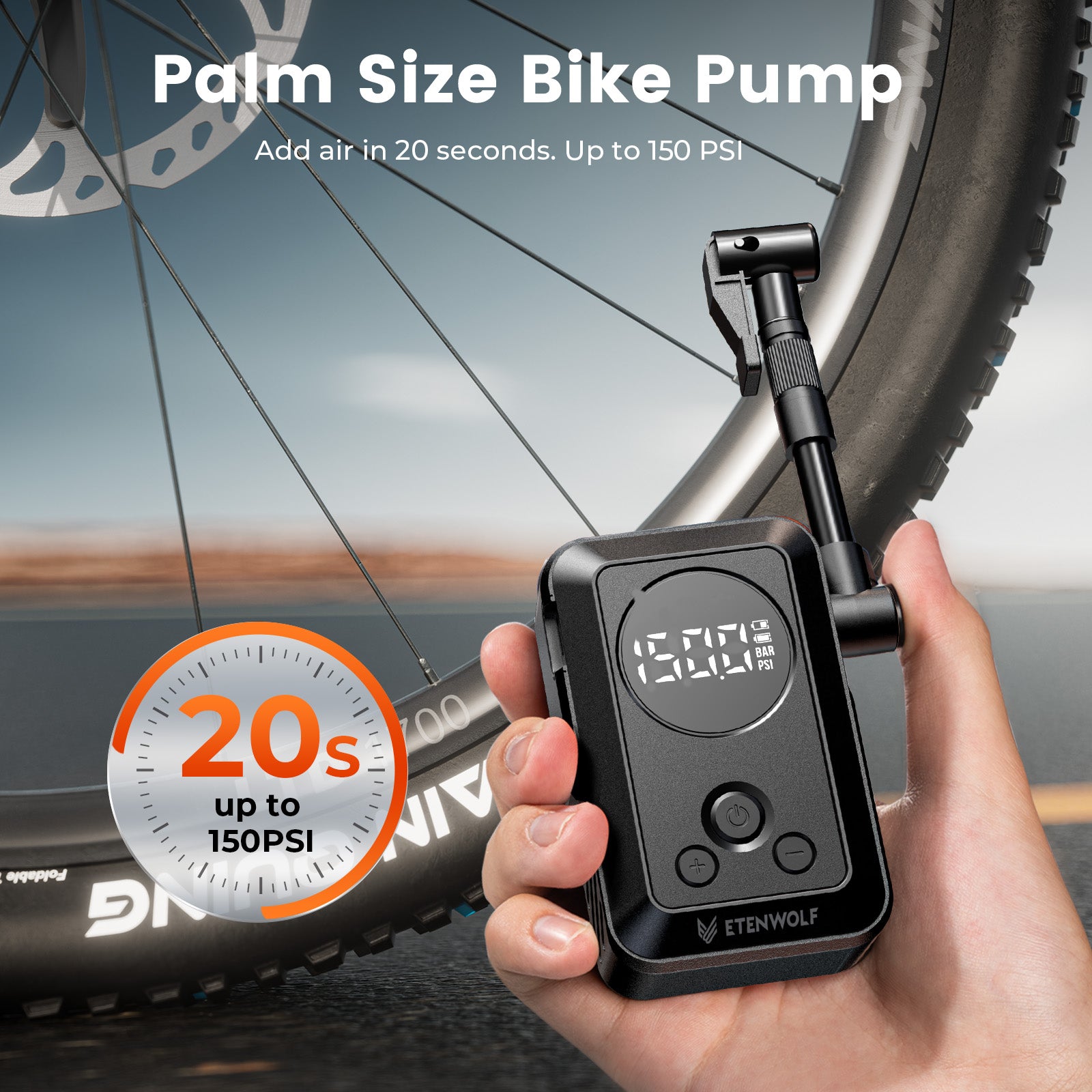 ETENWOLF S0 Mini Electric Bike Pump (150 PSI MAX)