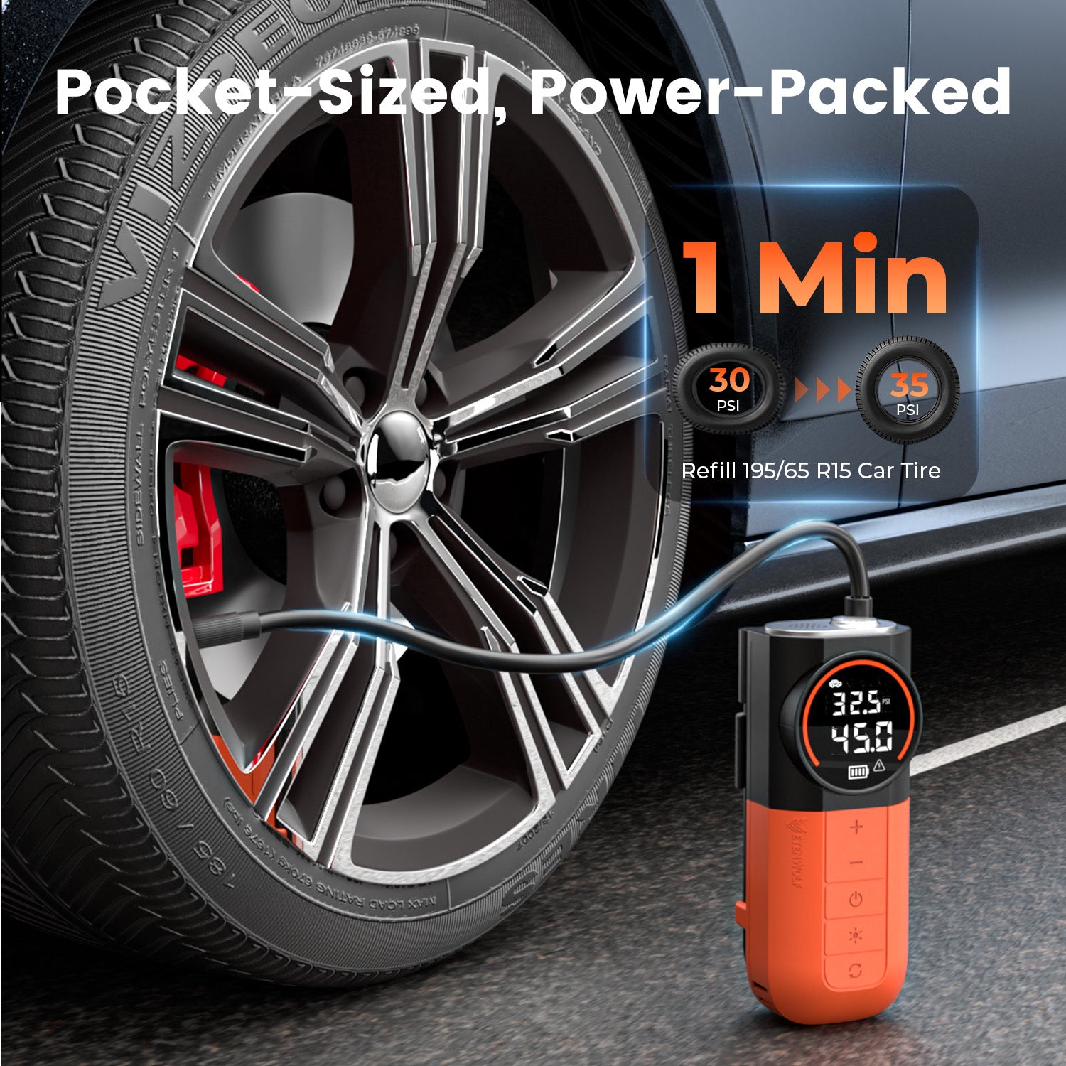 Pocket-Sized, Power-Packed, 1 min inflate Refill 195/65 R15 Car Tire 30PSI to 35PSI.