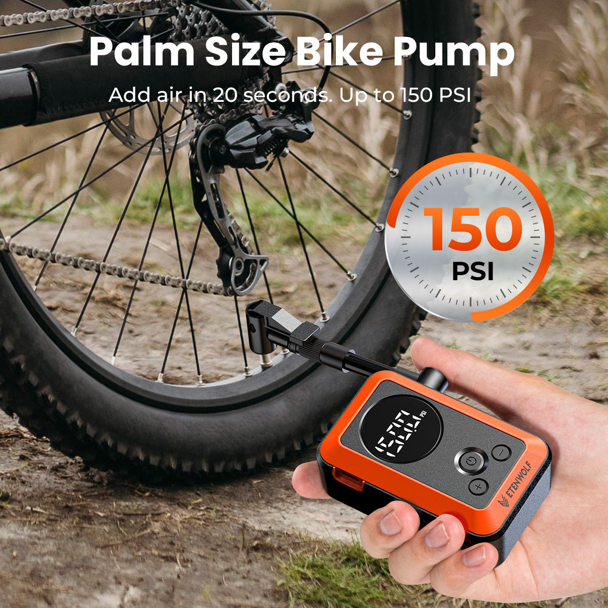 Palm Size Bike Pump, Add air in 20 seconds. Up to 150 PSI