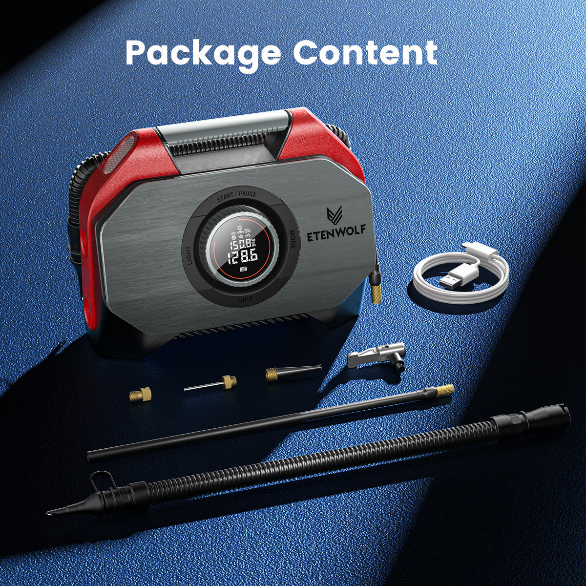 ETENWOLF Vortex S6 SE Heavy Duty Cordless Tire Inflator Air Compressor (package content)