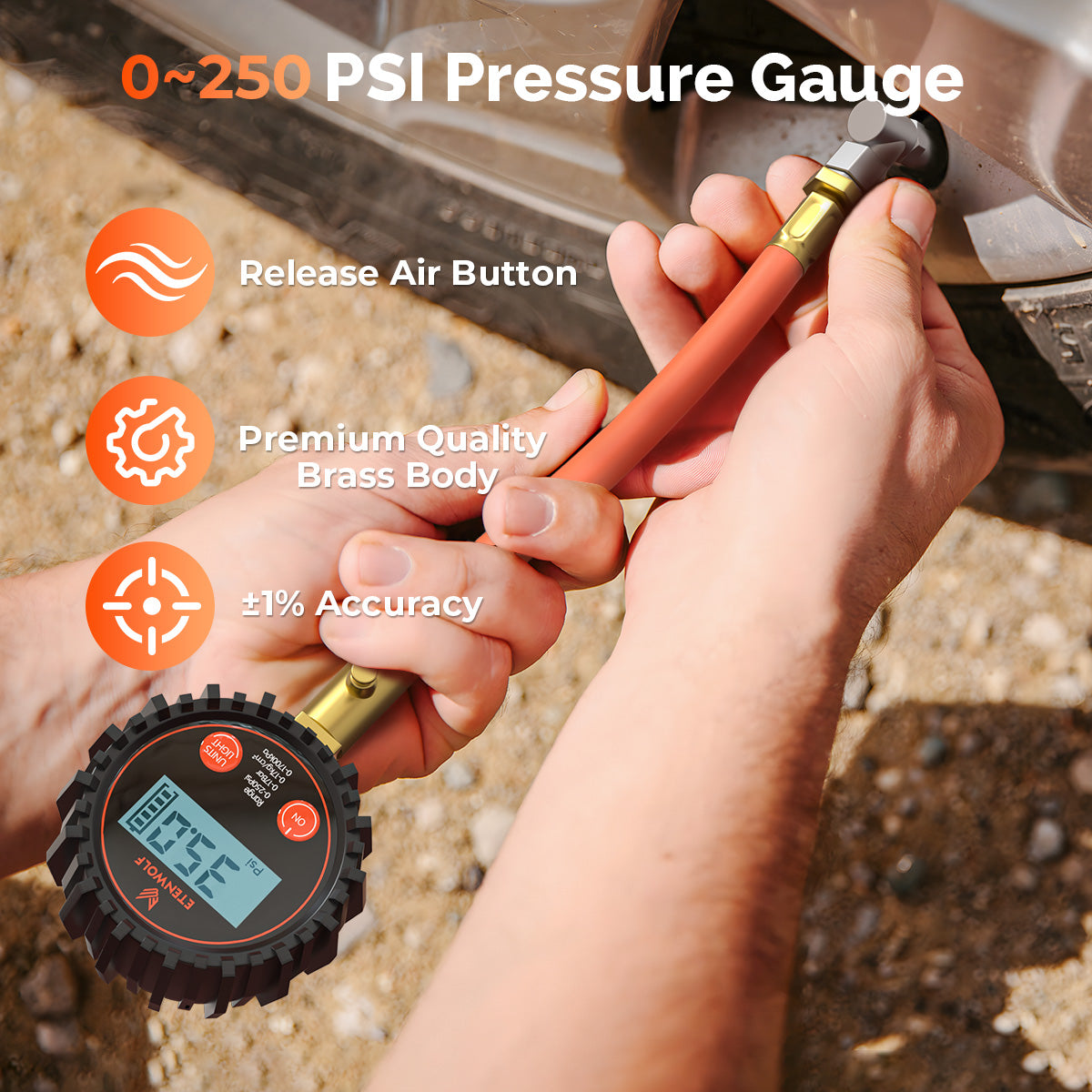 0~250 PSI Pressure Gauge, Release Air Button, Premium Quality Brass Body, ±1% Accuracy.