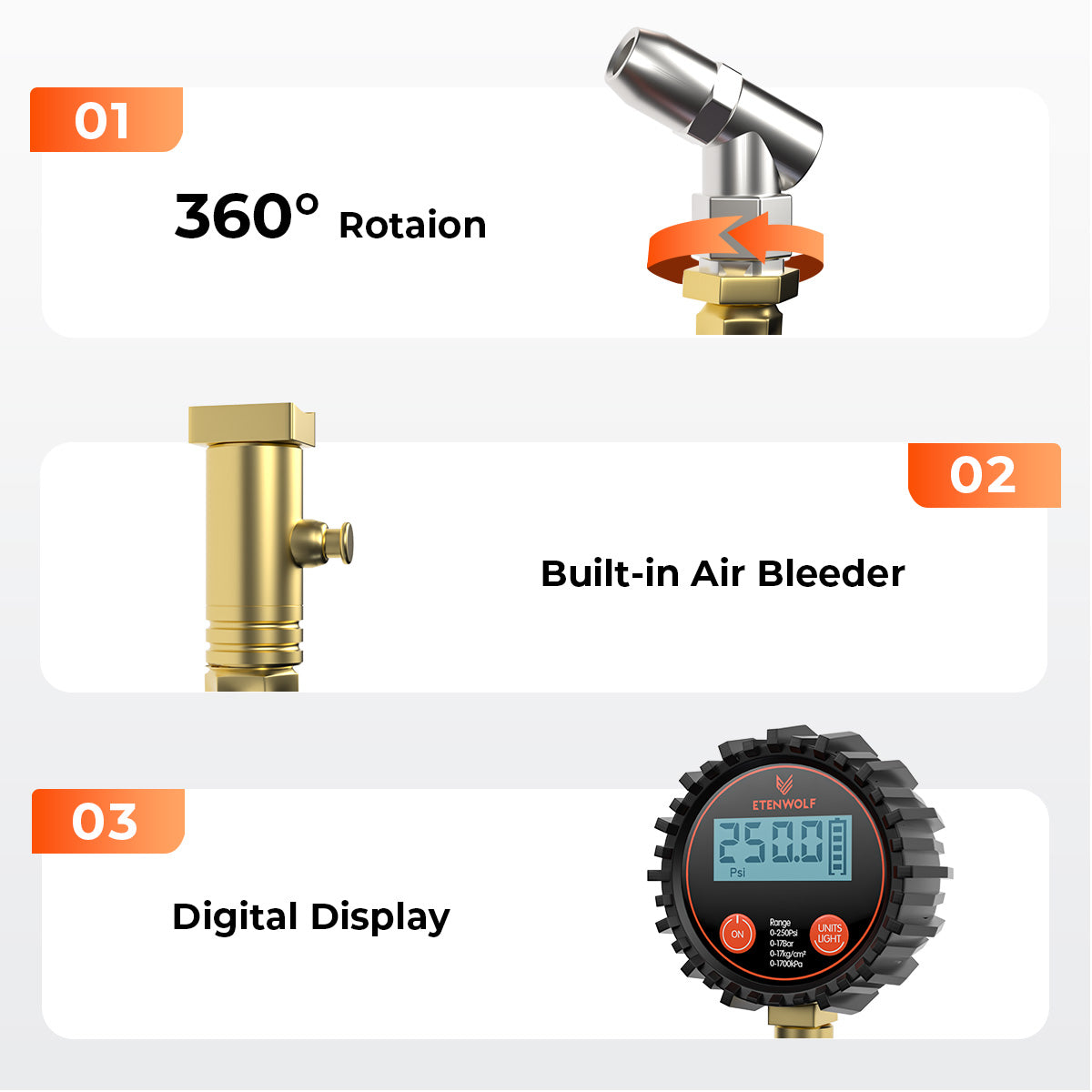 ETENWOLF T400 Digital Tire Pressure Gauge 0~250 PSI with 360-degree rotation, built-in air bleeder, and digital display on a white background.