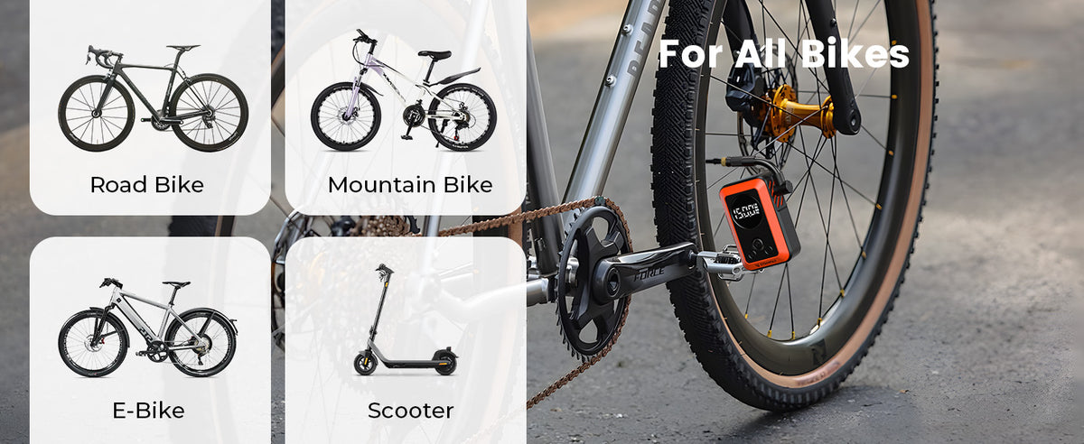 The ETENWOLF S0 Mini Electric Bike Pump (150 PSI MAX) can inflate Road Bike, Mountain Bike, E-Bike, Scooter.