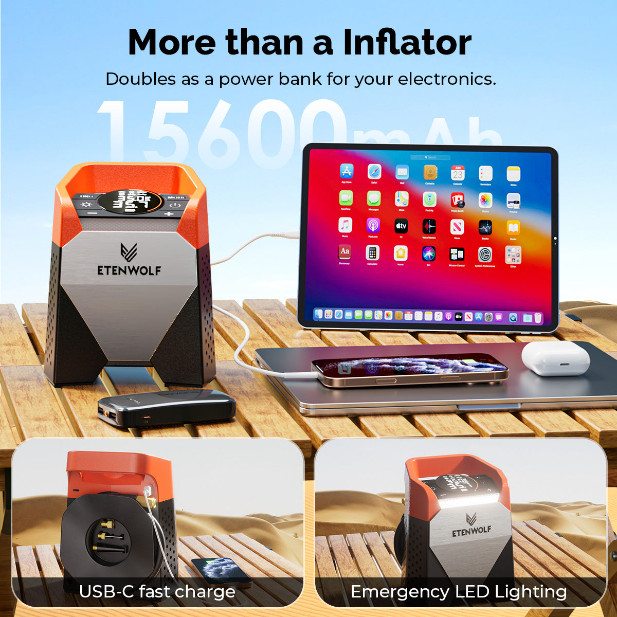 ETENWOLF Zephyr S5 Heavy Duty Tire Inflator Air Compressor (15600mah battery)