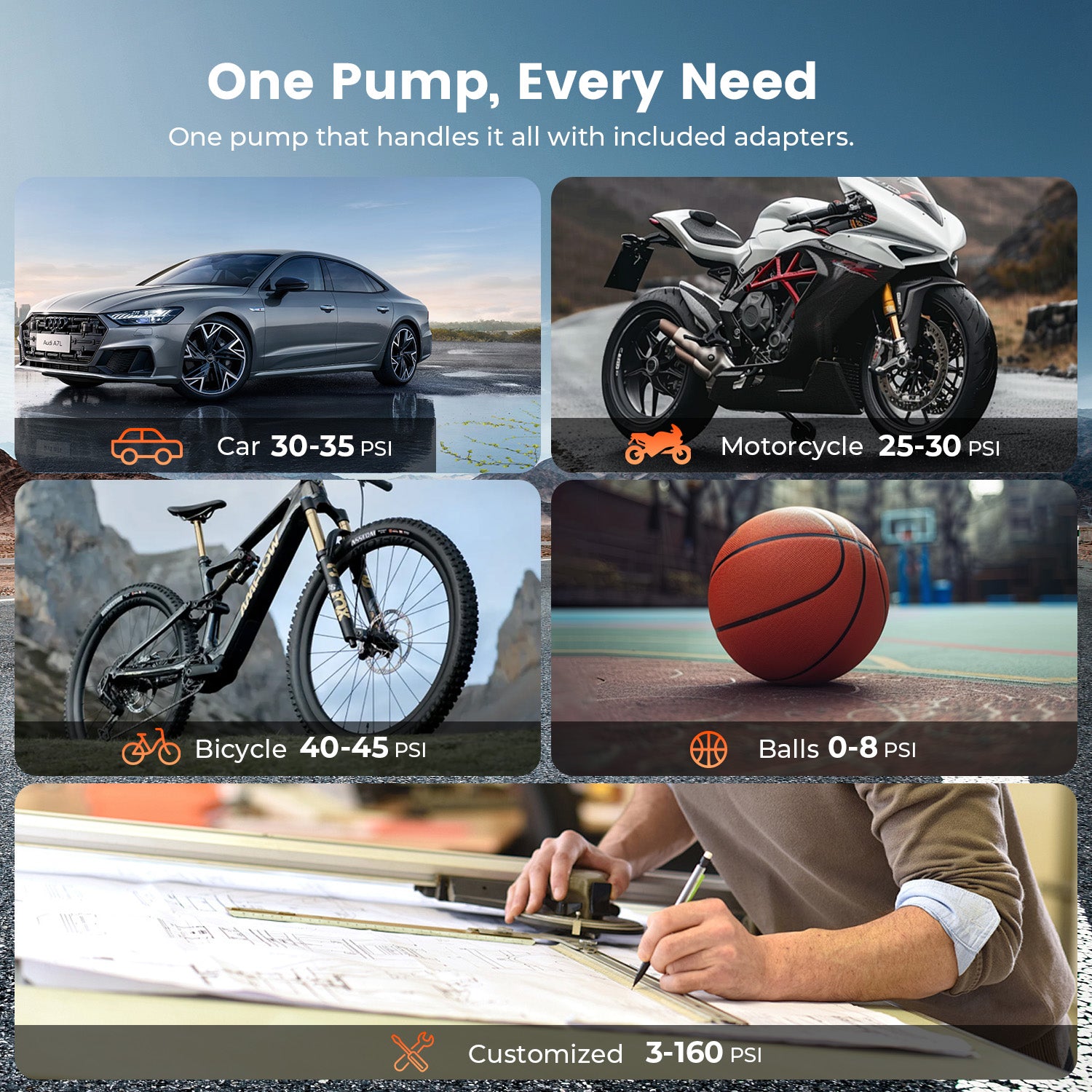 One Pump, Every Need. One pump that handles it all with included adapters. (Car, Motorcycle, Bicycle, Balls, Customized).