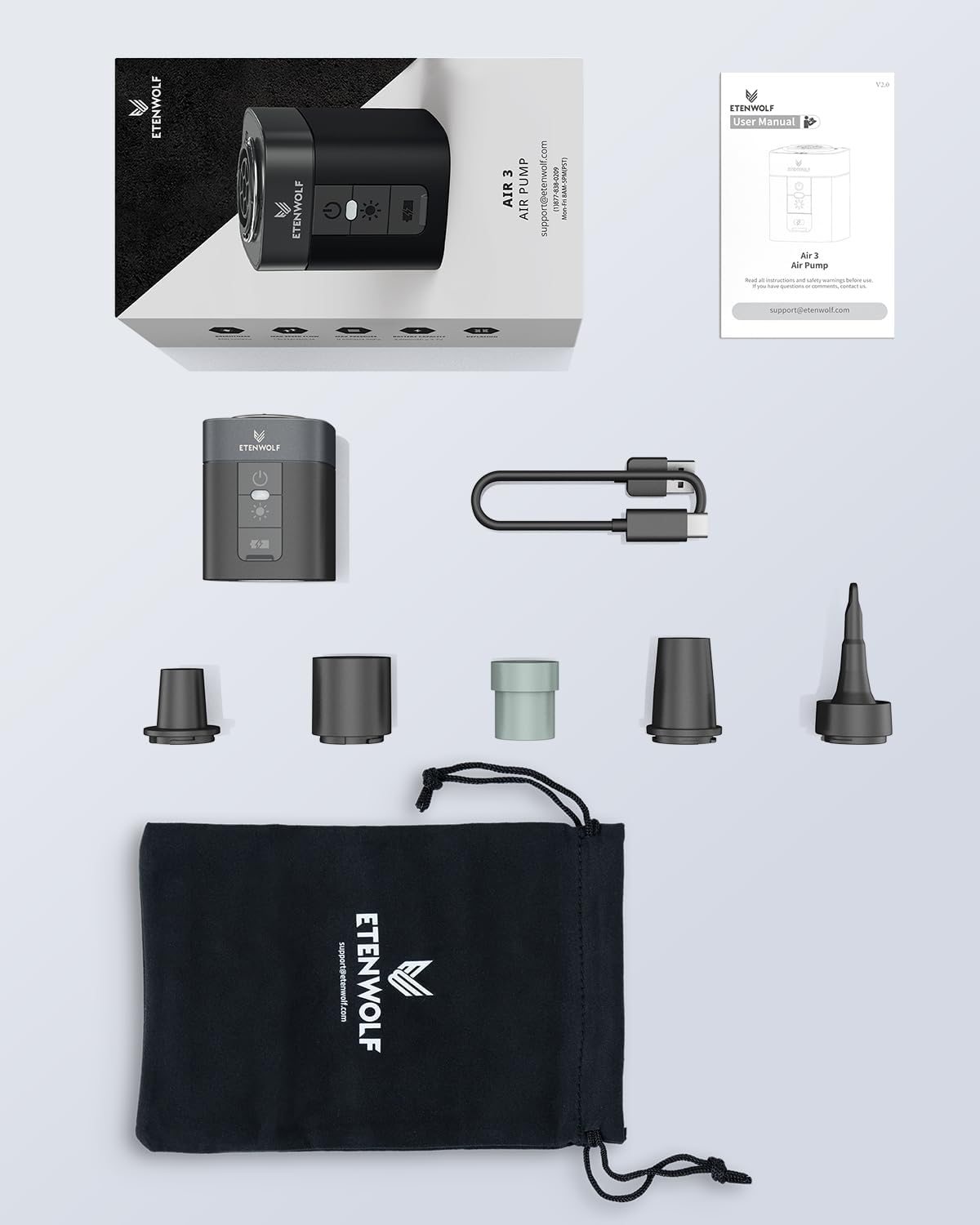 ETENWOLF AIR 3 Air Pump (black) for Inflatables with 2600 mAh Battery & Camping Light, Ultra-Fast and Mini Electric Air Pump, Inflate Deflate for Air Mattress, Pool Floats, Vacuum Storage Bags