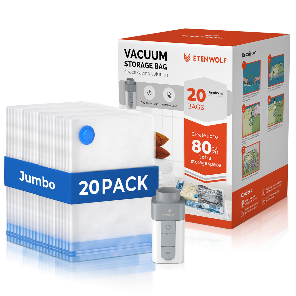 ETENWOLF Vacuum Storage Bags (20 Jumbo Size+ Wireless Air Pump)