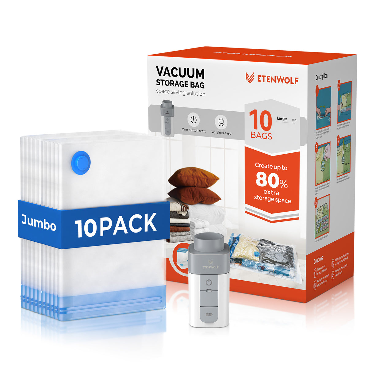 ETENWOLF Vacuum Storage Bags (10 Jumbo Size+ Wireless Air Pump)