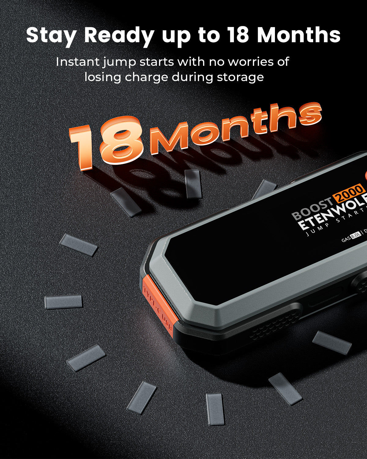 ETENWOLF J1 Portable Car Battery Jump Starter stay ready up to 18 months