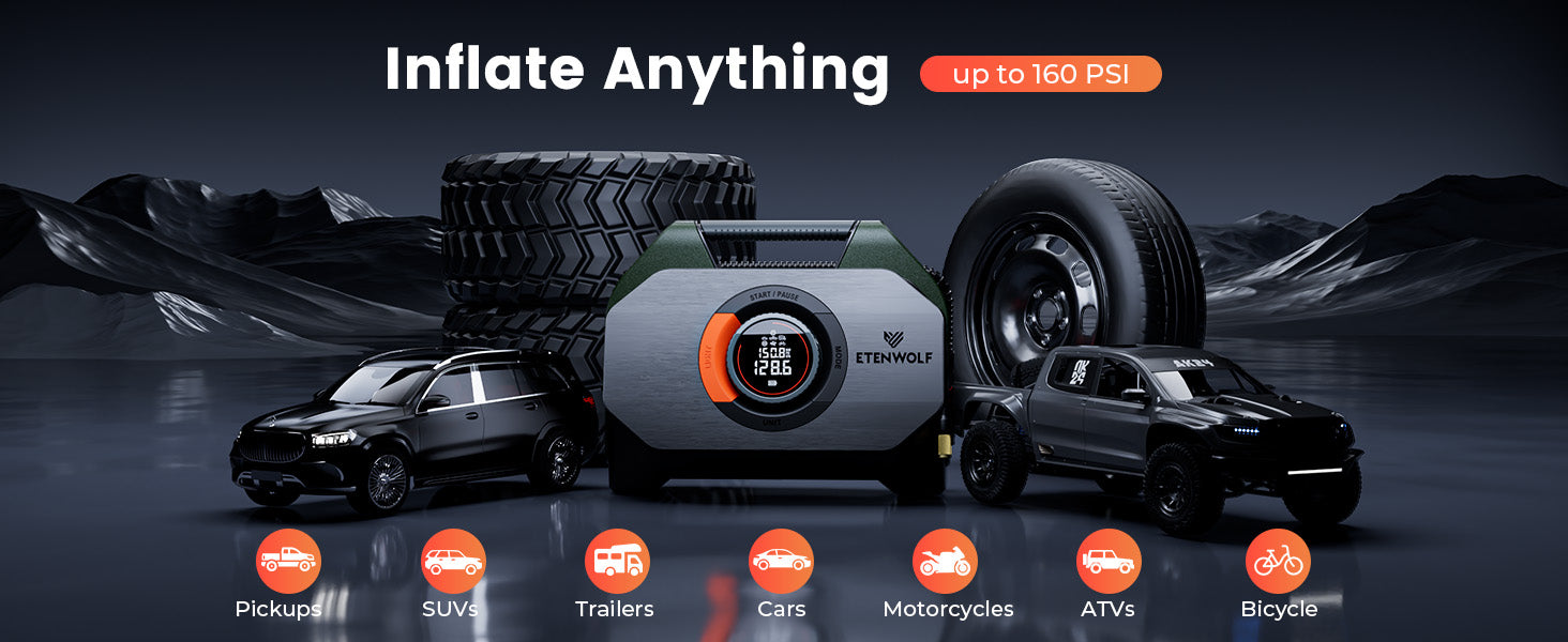 ETENWOLF Vortex S7 Heavy Duty Tire Inflator Air Compressor (38,400 mAh Battery)