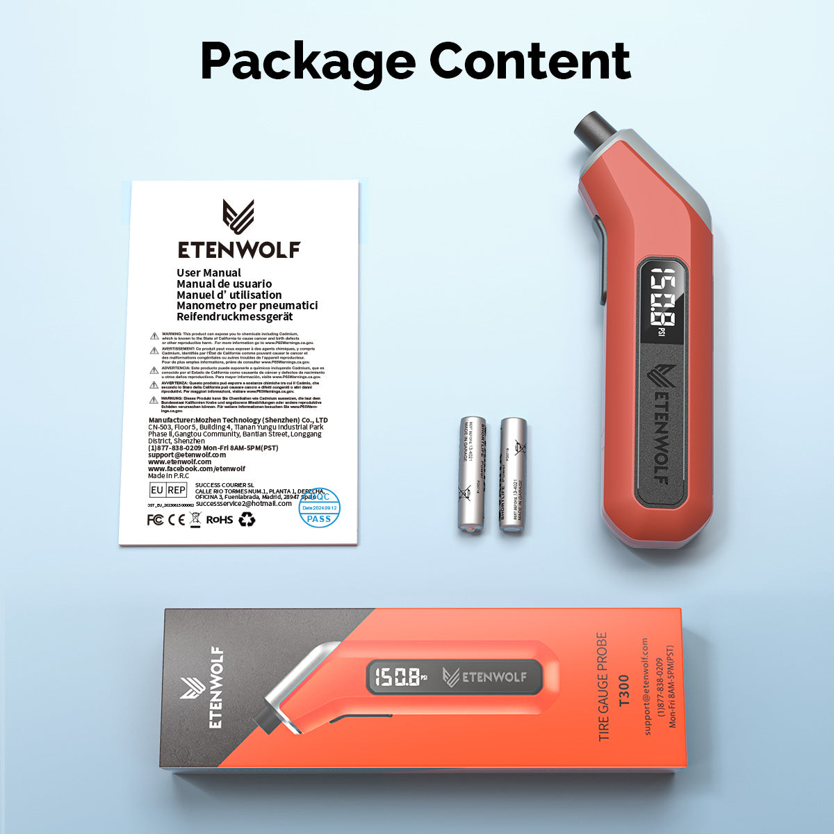 Package Content, T300 digital tire pressure gauge, 2 AAA batteries, instruction manual.