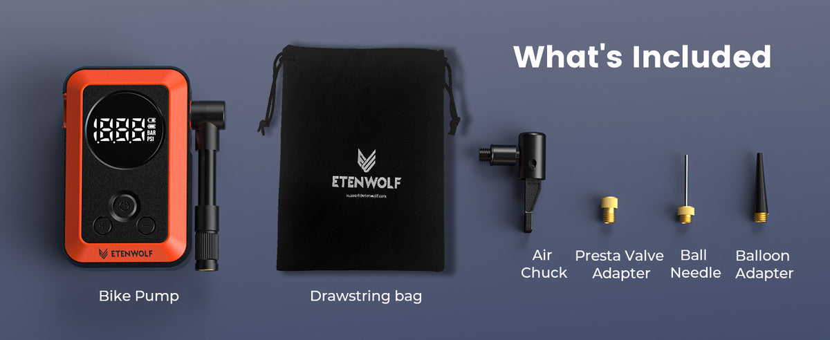 What's Included: Bike Pump, Presta Valve Adapter, Ball Needle, Balloon Adapter, Air Chuck, Drawstring bag