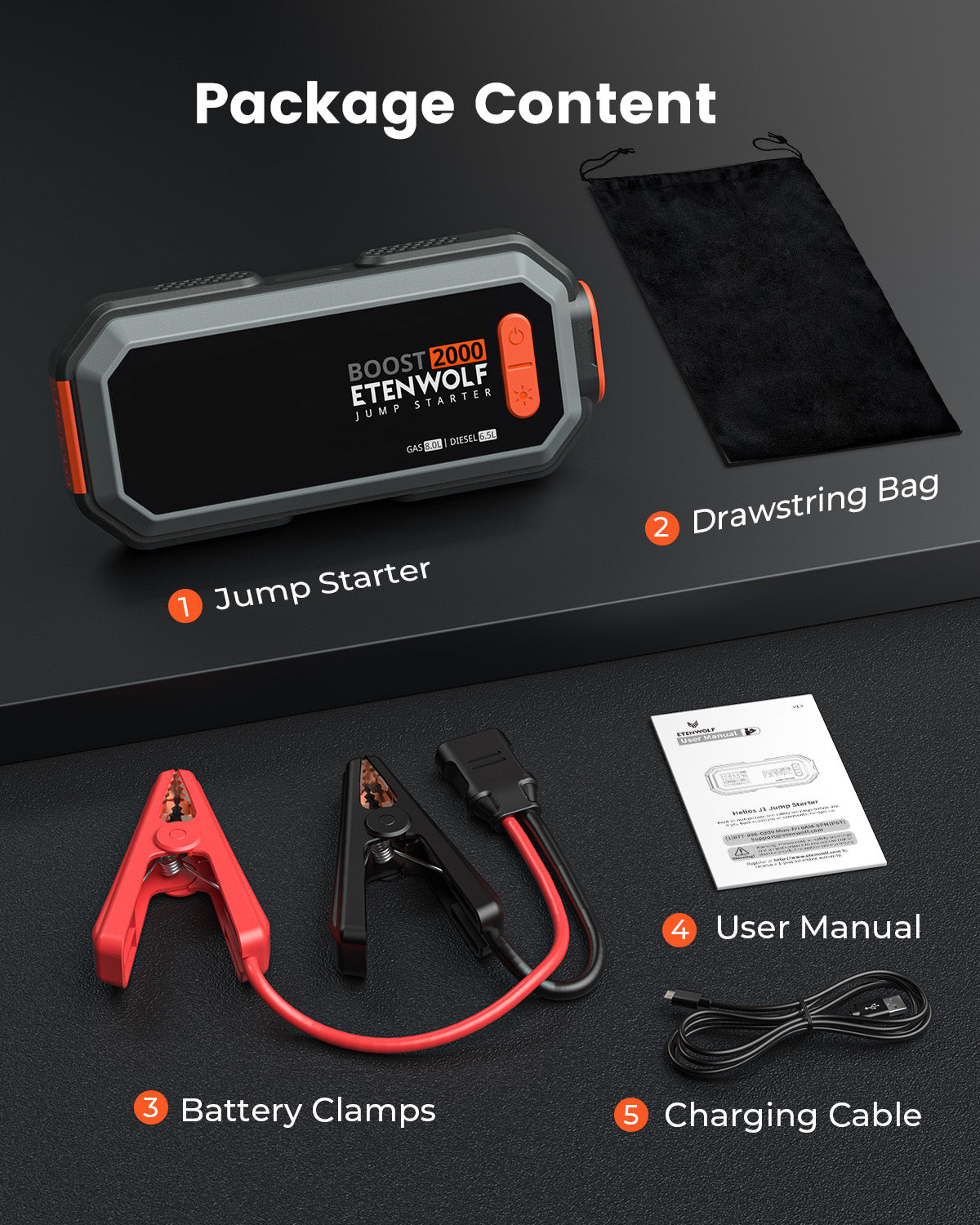 ETENWOLF J1 Portable Car Battery Jump Starter package content