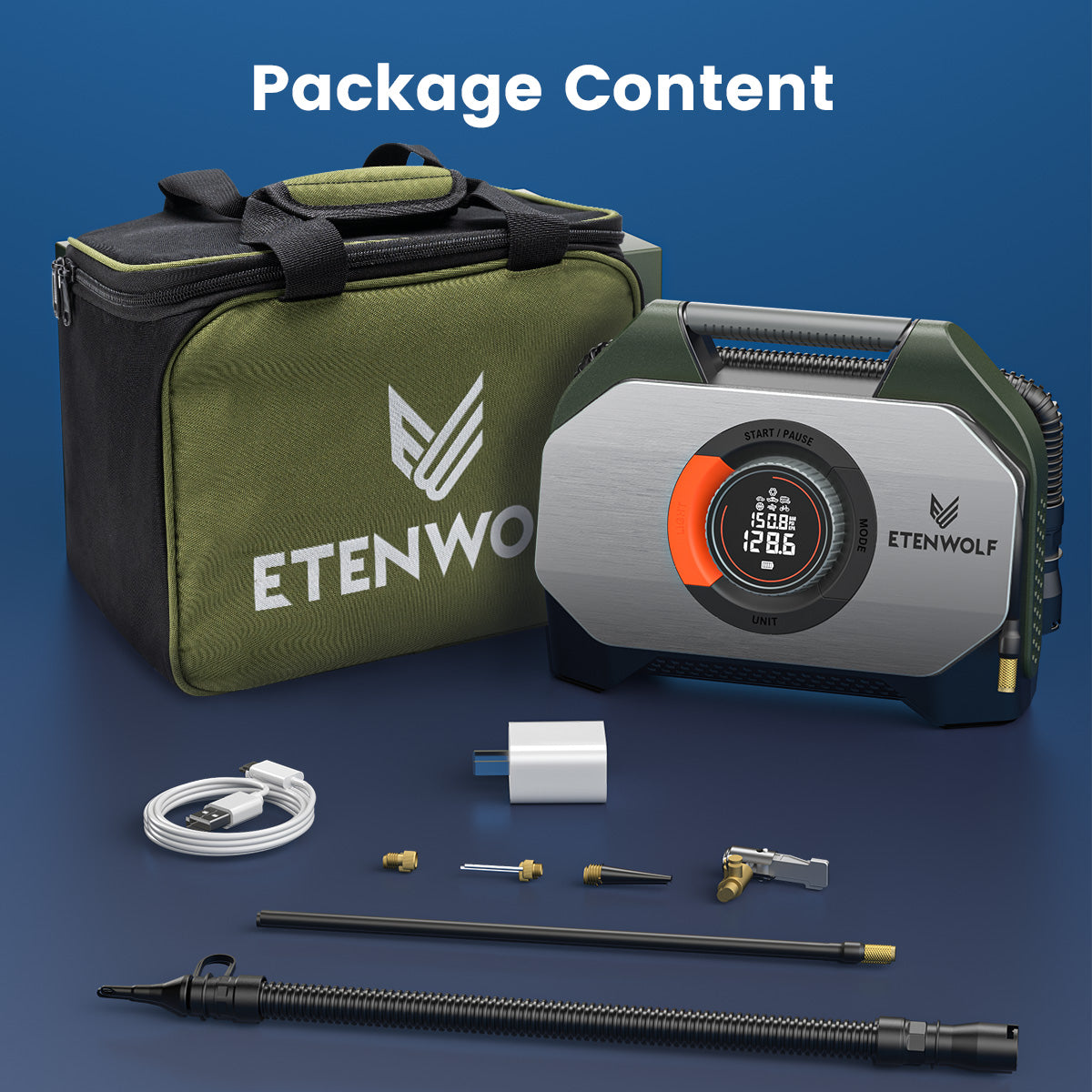 ETENWOLF Vortex S7 Heavy Duty Tire Inflator Air Compressor (38,400 mAh Battery) package content