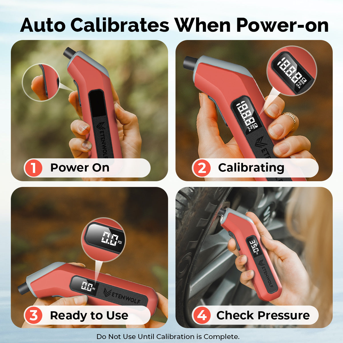 Auto Calibrates When Power-on. Power On, Calibrating, Ready to Use, Check Pressure.