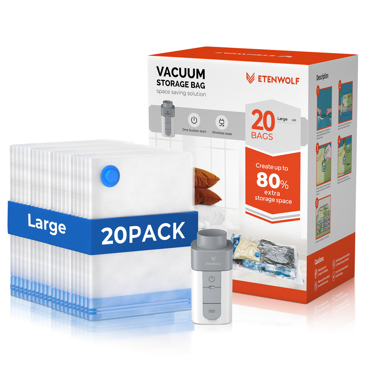 ETENWOLF Vacuum Storage Bags (20 Large Size+ Wireless Air Pump)