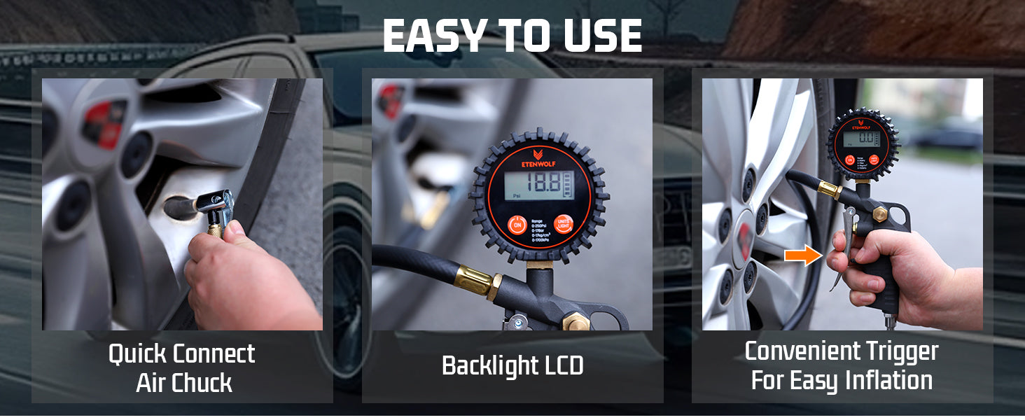 ETENWOLF T500 Digital Tire Pressure Gauge with Inflator 0~250 PSI