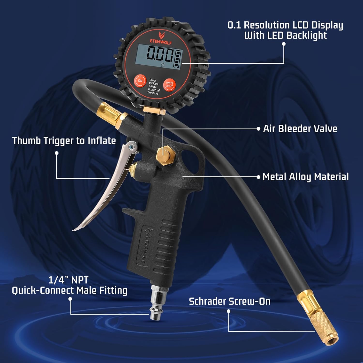 ETENWOLF T500 Digital Tire Pressure Gauge with Inflator 0~250 PSI