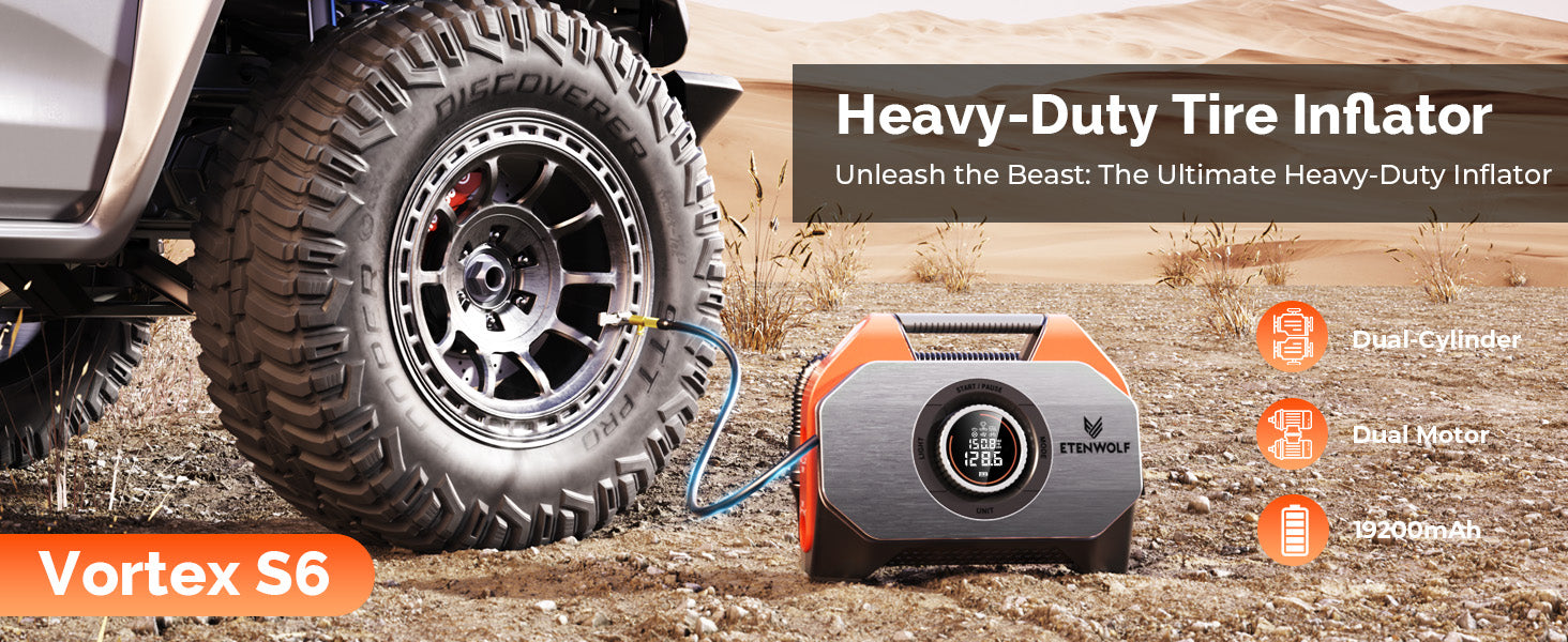 ETENWOLF Vortex S6 Heavy Duty Tire Inflator Air Compressor dual cylinder dual motor