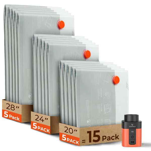 ETENWOLF Reusable Vacuum Seal Bags 15 Pack+Wireless Pump 