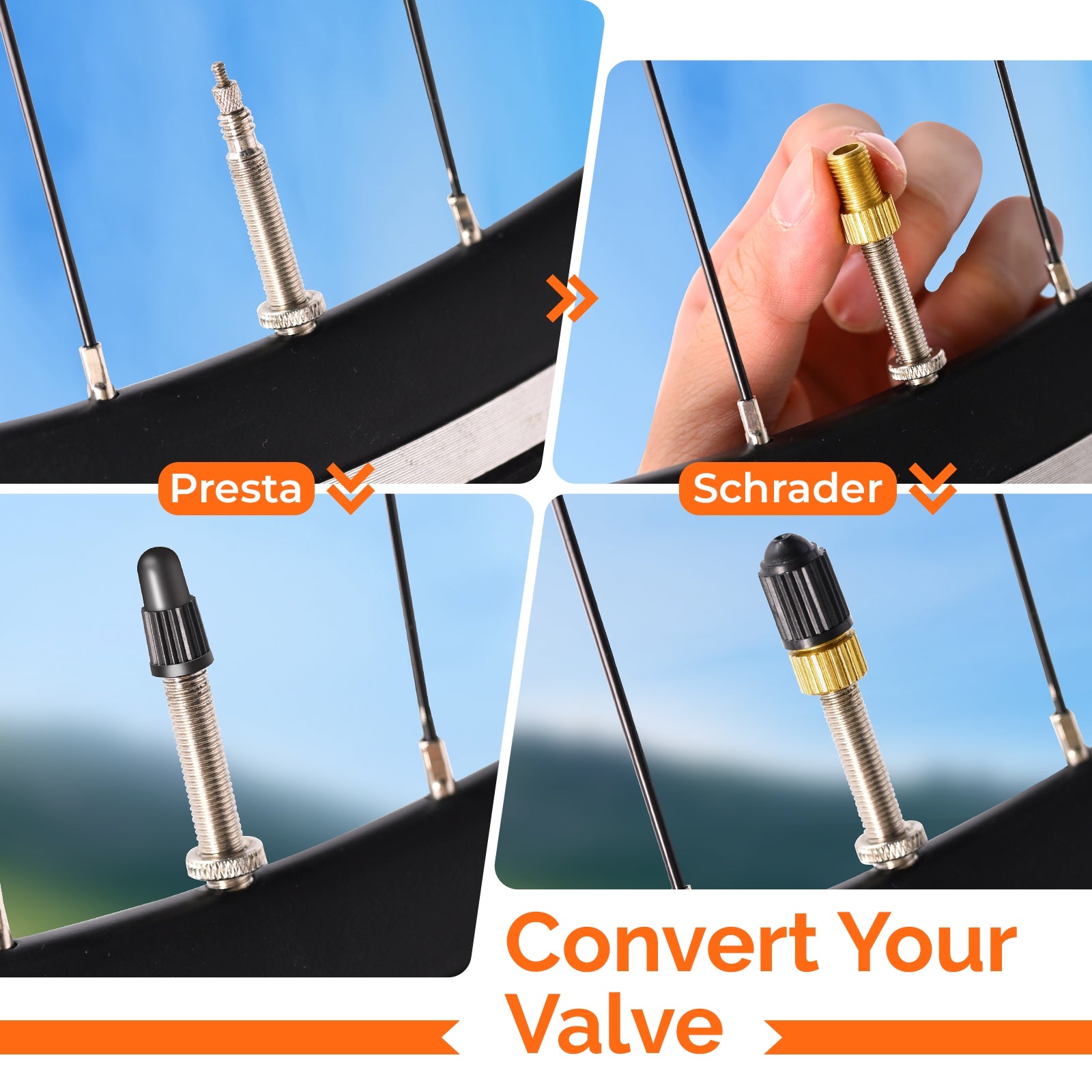 ETENWOLF Brass Presta Valve Adapter 4 Pack (Convert Presta to Schrader Valve Adaptor)