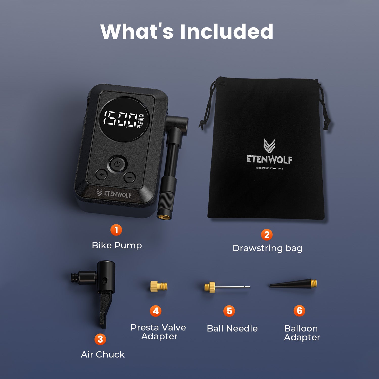 Package Content, S0 bike pump, Drawstring bag, Air chuck, Presta valve adapter, Ball needle, Balloon adapter.