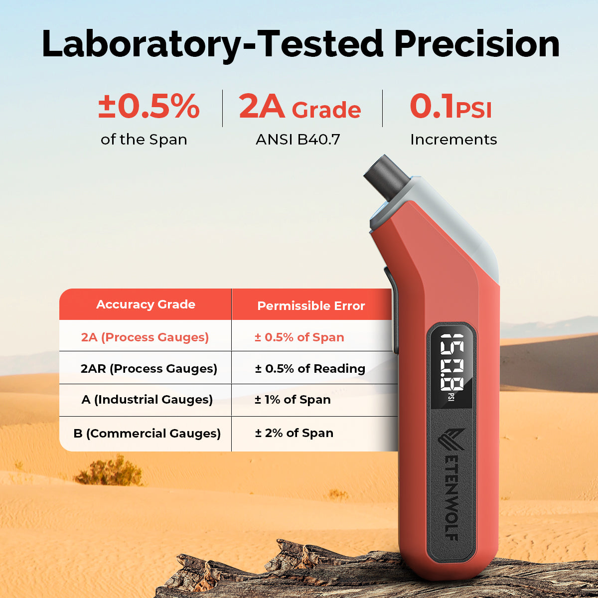 Laboratory-Tested Precision. ±0.5% of the span, 2A grade ANSI B40.7, 0.1PSI increments.