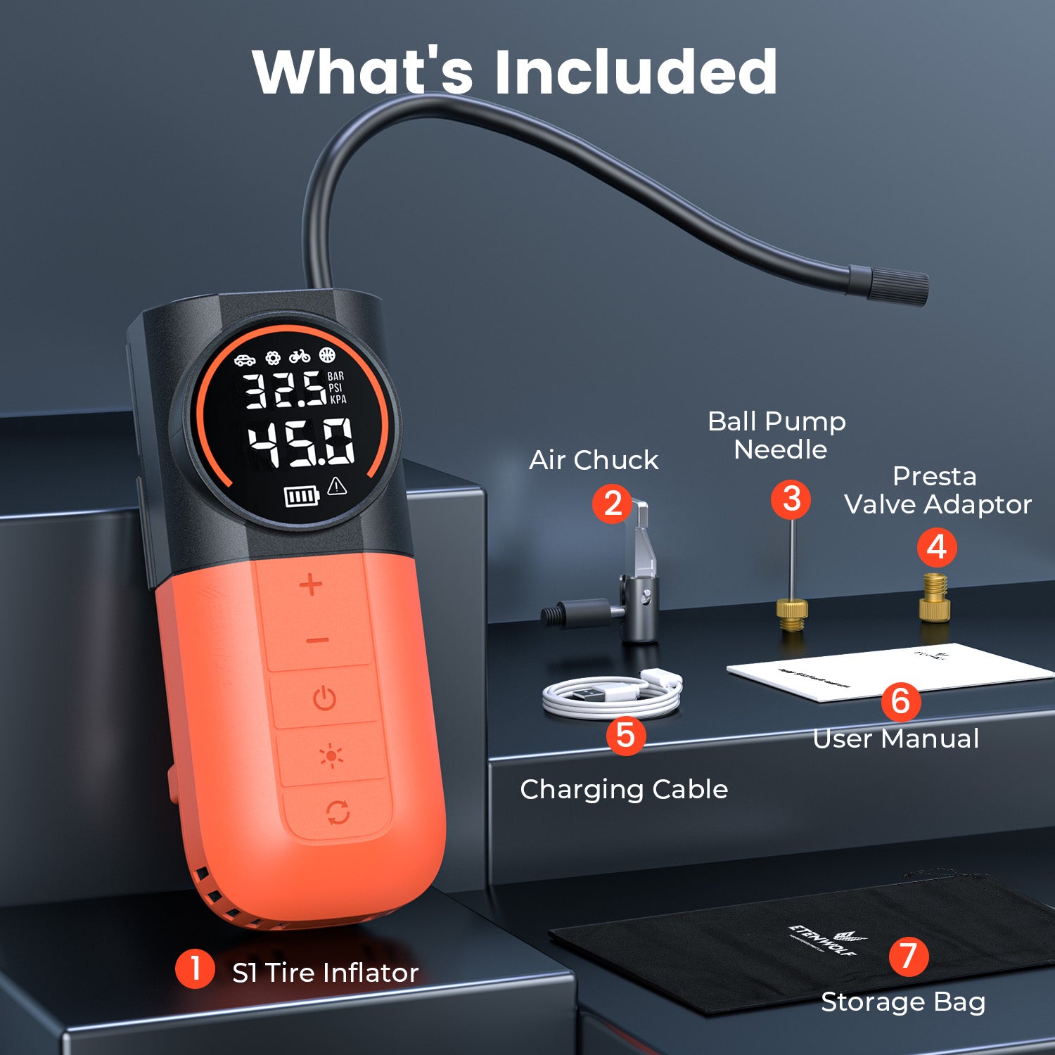 Package Content: S1 Tire Inflator, Air Chuck, Ball Pump Needle, Presta Valve Adaptor, Charging Cable, User Manual, Storage Bag.