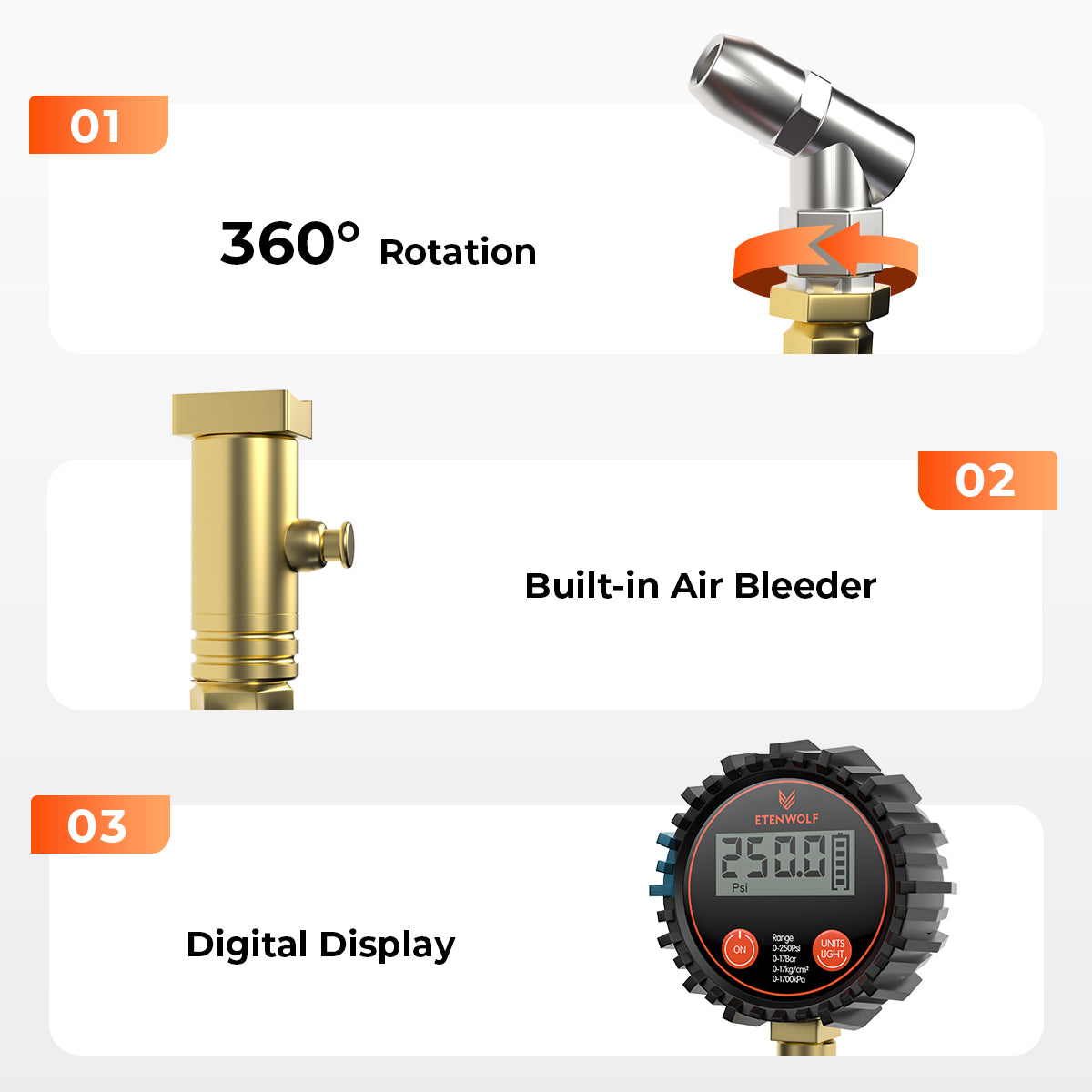 360° Rotation, Built-in Air Bleeder, Digital Display.
