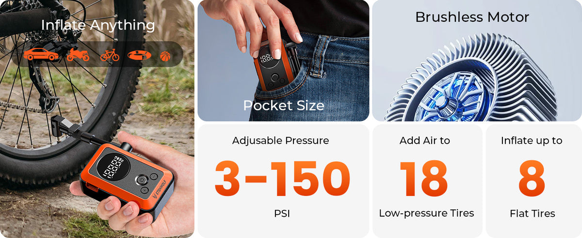 The features of the ETENWOLF S0 Mini Electric Bike Pump are: Pocket Size, Brushless Motor, Adjusable Pressure 3-150 PSI, Add Air to 18 Low-pressure Tires, Inflate up to 8 Flat Tires.