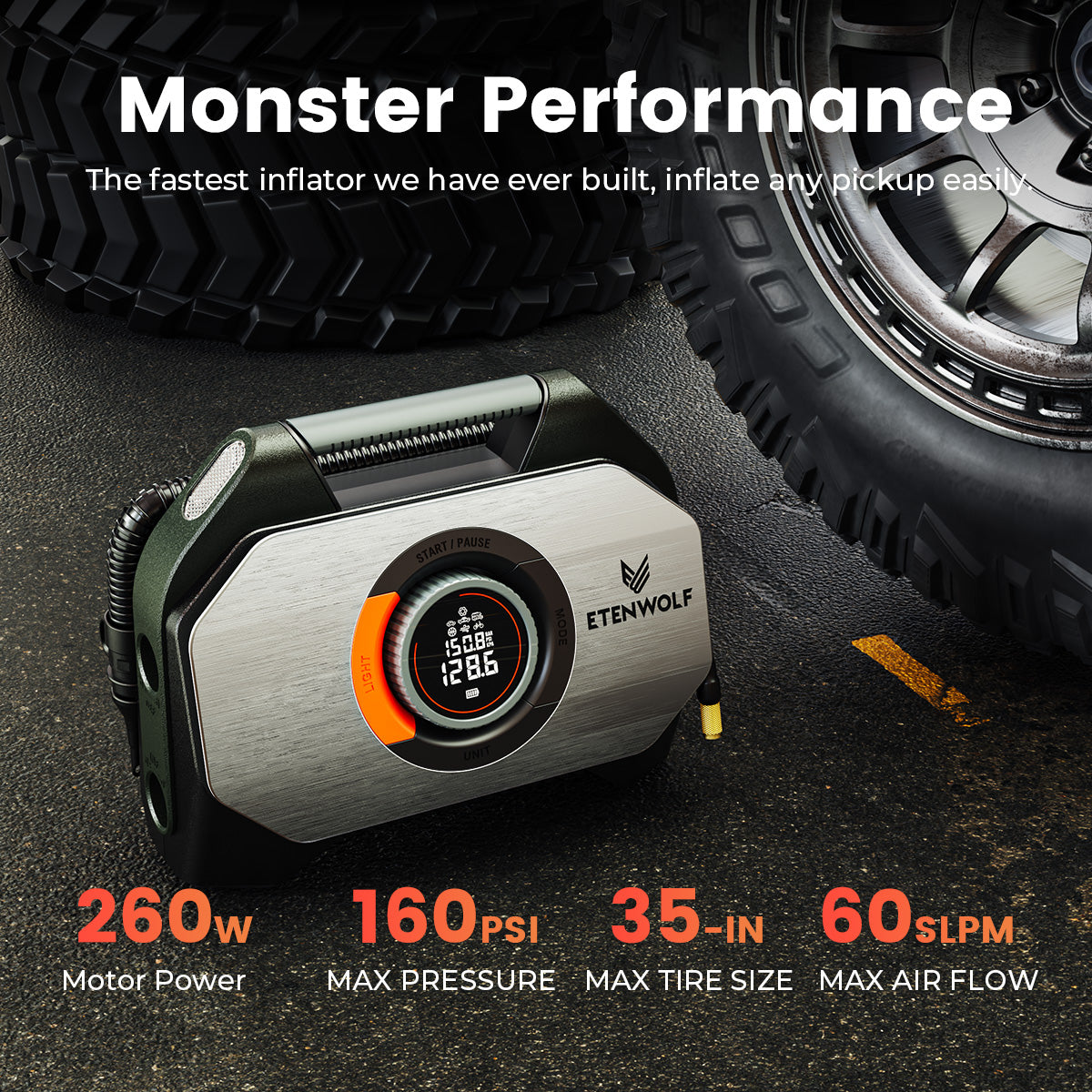 ETENWOLF Vortex S7 Heavy Duty Tire Inflator Air Compressor (38,400 mAh Battery)