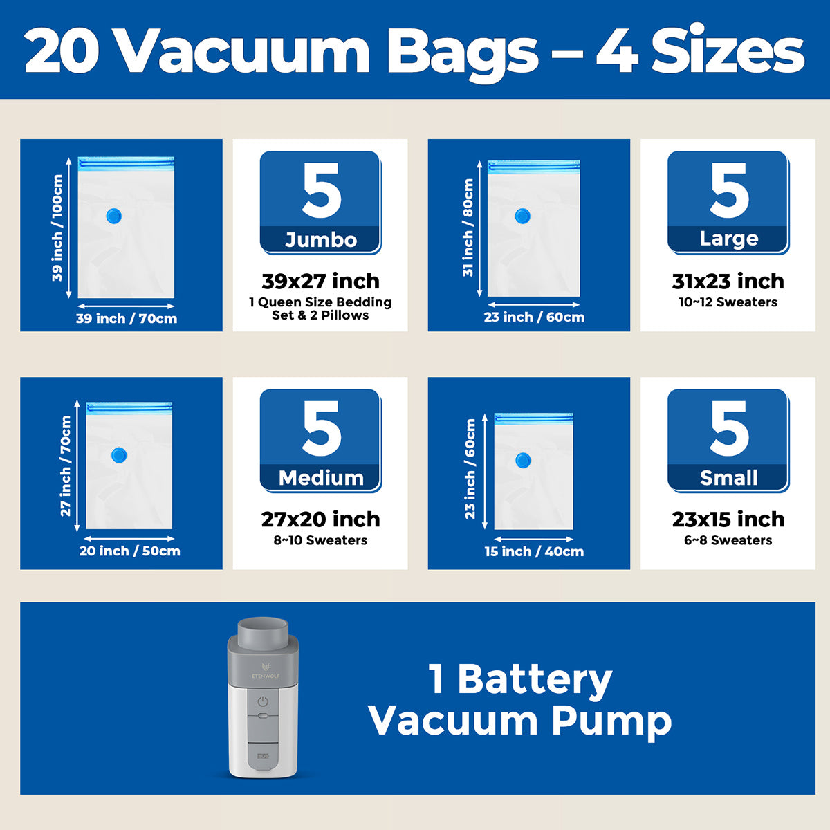ETENWOLF Vacuum Storage Bags with Rechargeable Wireless Pump (1500mAh)