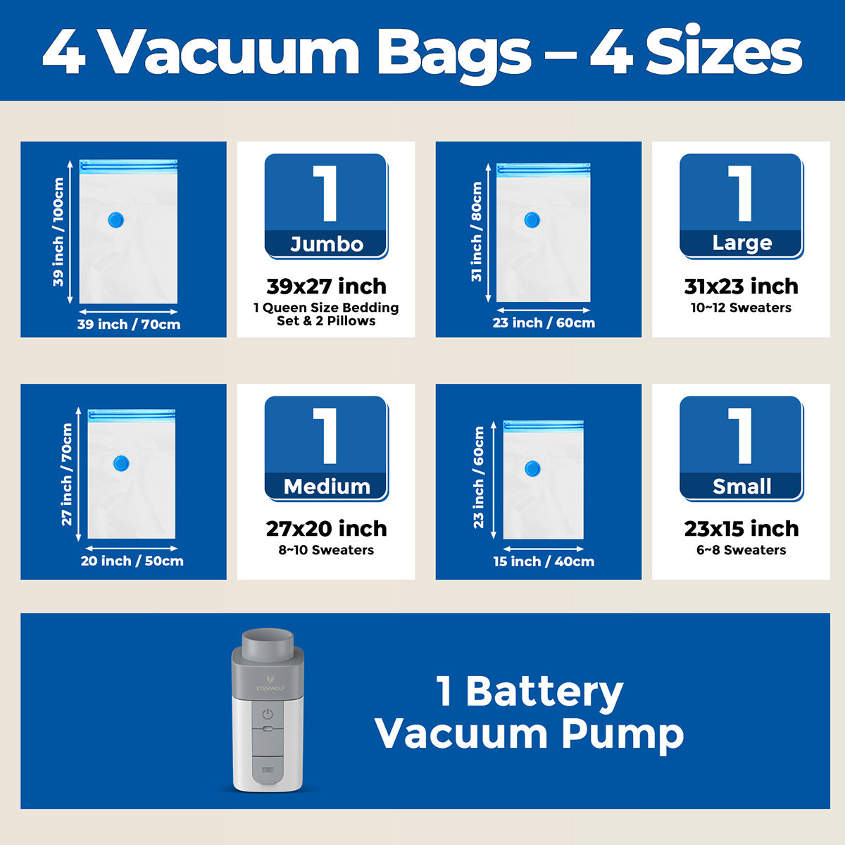 ETENWOLF Vacuum Storage Bags with Rechargeable Wireless Pump