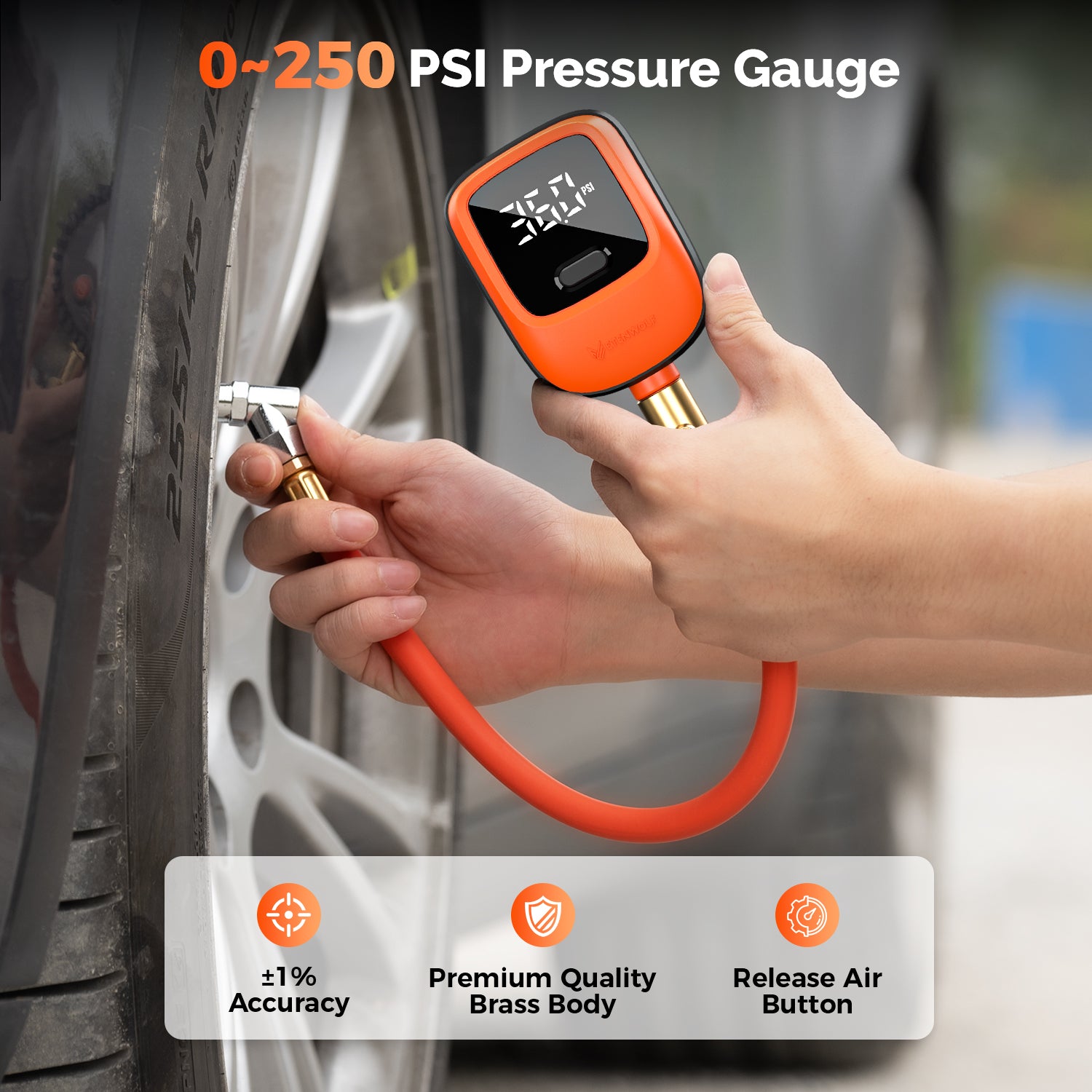 0~250 PSI Pressure Gauge, ±1% Accuracy, Premium Quality Brass Body, Release Air Button.