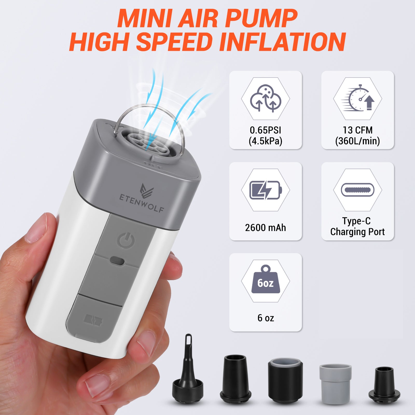 ETENWOLF AIR 2 Air Pump for Inflatables with 2600 mAh Battery, 2X Faster Inflation & Deflation, 4.5 kPa Mini Electric Air Pump for Air Mattresses, Pool Floats, Vacuum Storage Bags