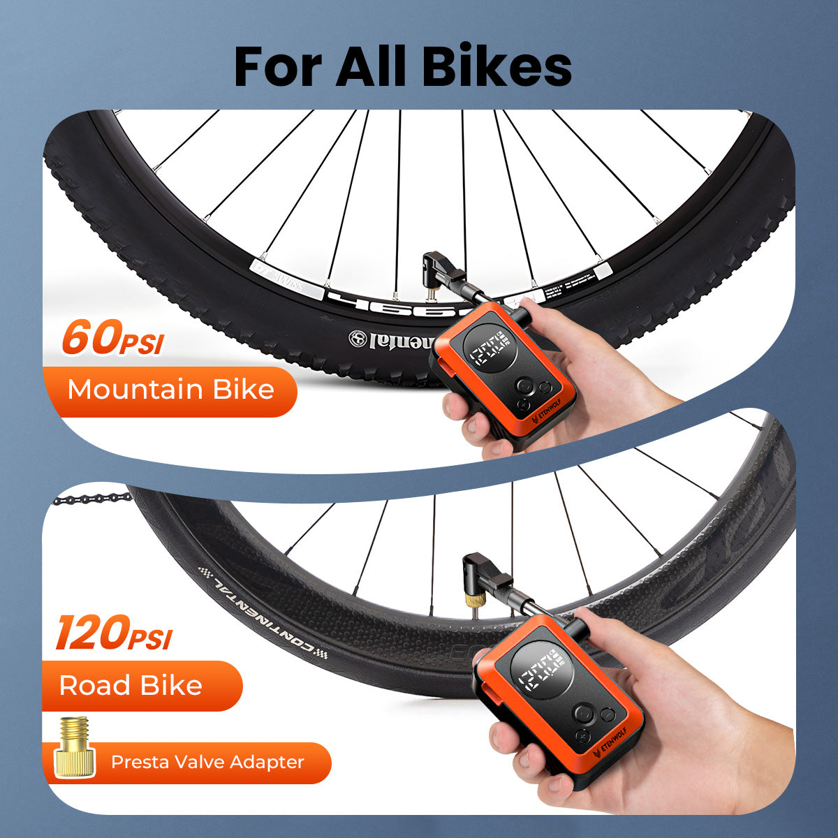 For All Bikes, 60PSI Mountain Bike, 120PSI Road Bike (Presta Valve Adapter)