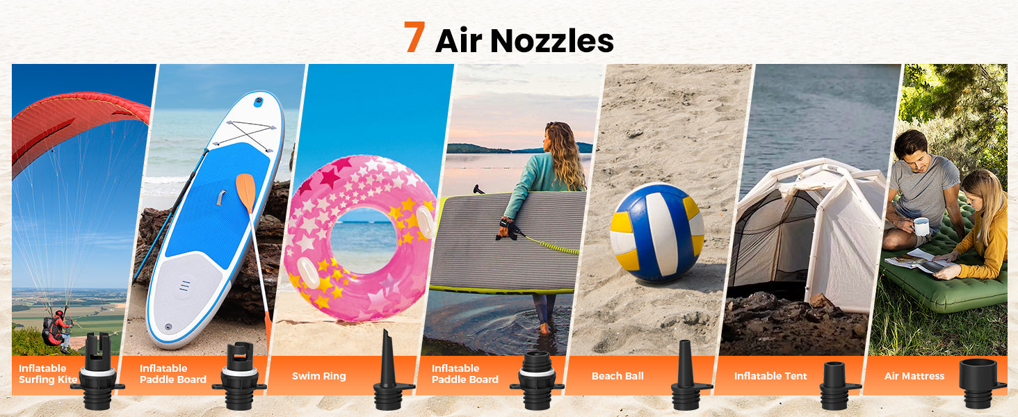 7 Air Nozzles. Inflatable Surfing Kite, Inflatable Paddle Board, Swim Ring, Inflatable Paddle Board, Beach Ball, Inflatable Tent, Air Mattress.