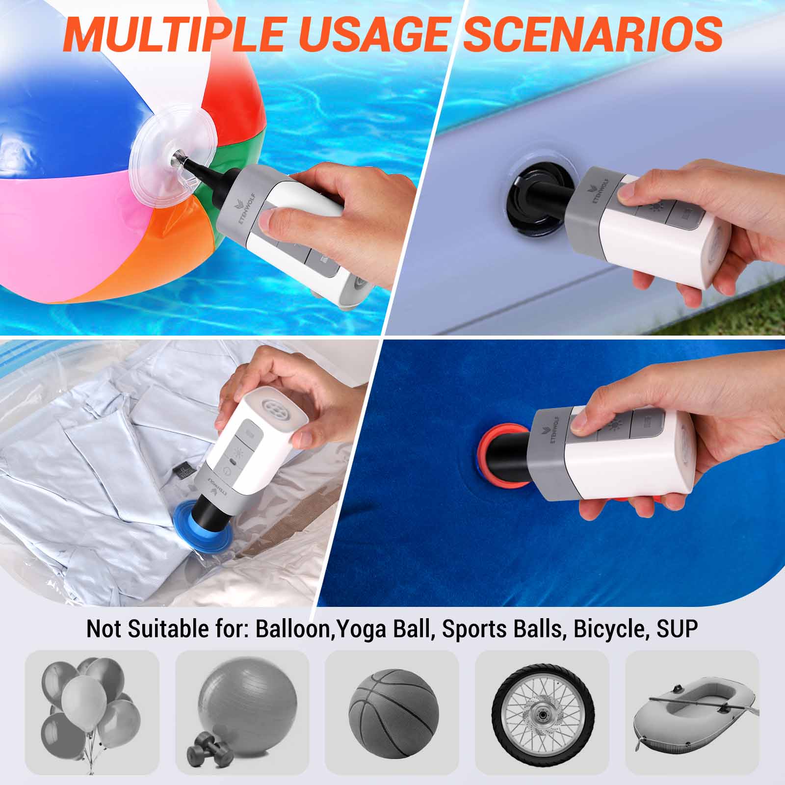 ETENWOLF AIR 2 Air Pump for Inflatables with 2600 mAh Battery, 2X Faster Inflation & Deflation, 4.5 kPa Mini Electric Air Pump for Air Mattresses, Pool Floats, Vacuum Storage Bags